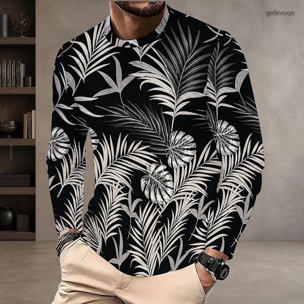 Men Plus Size Round Neck Long Sleeve T Shirt Green Clover Printed Pullover