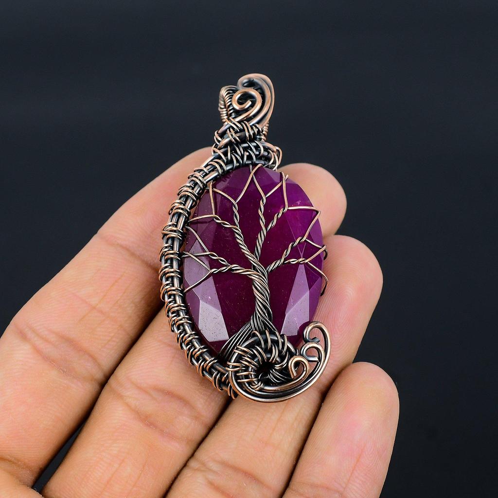 Рубиновый кулон Ювелирные изделия из драгоценных камней, Кулон ручной работы, обернутый медной проволокой 999 пробы, Ювелирные изделия новейшего дизайна