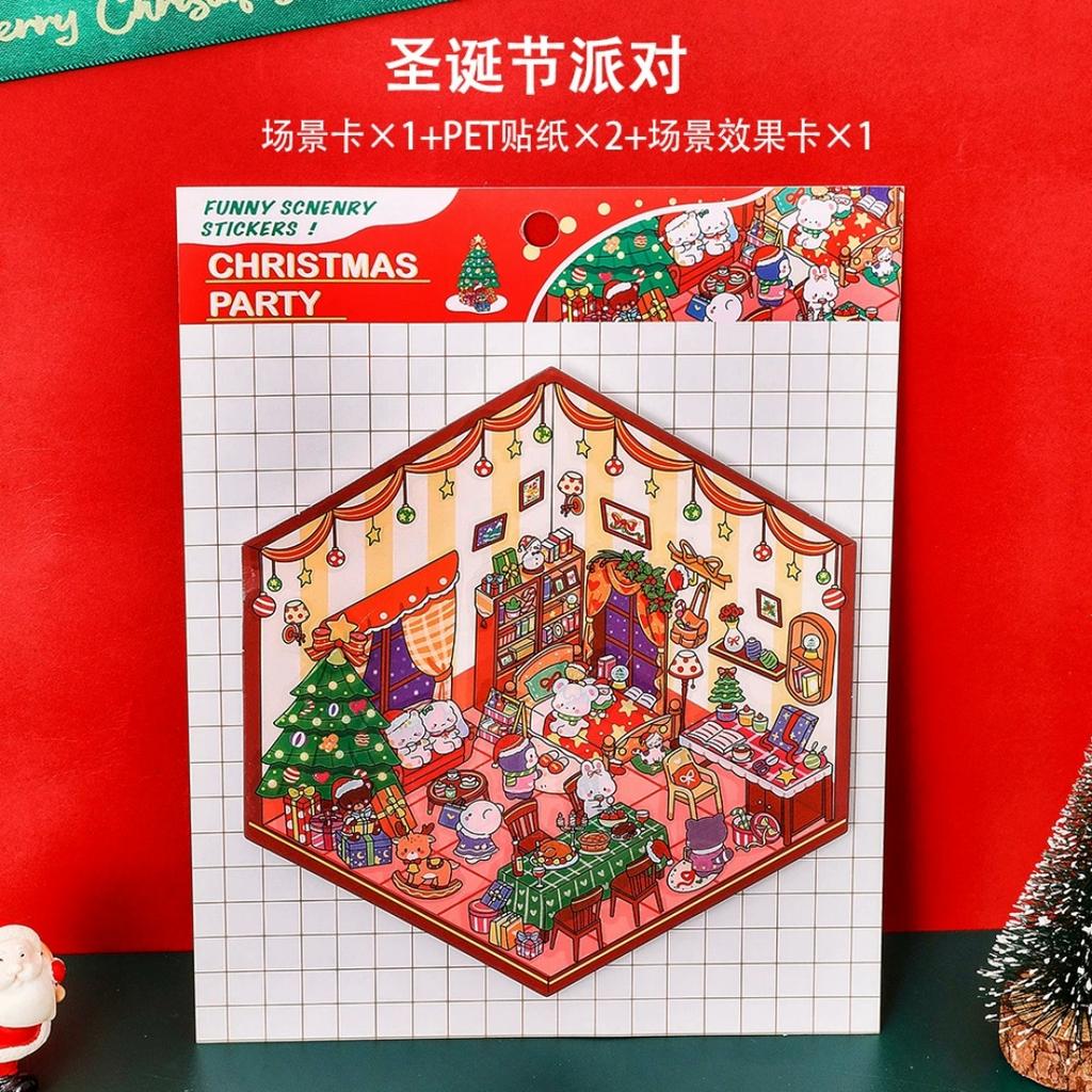 3D Christmas Party Landscape Sticker Gourmet House Miniature Scene Decoration Stickers DIY Decor Mini Landscape Sticker Kids Gif