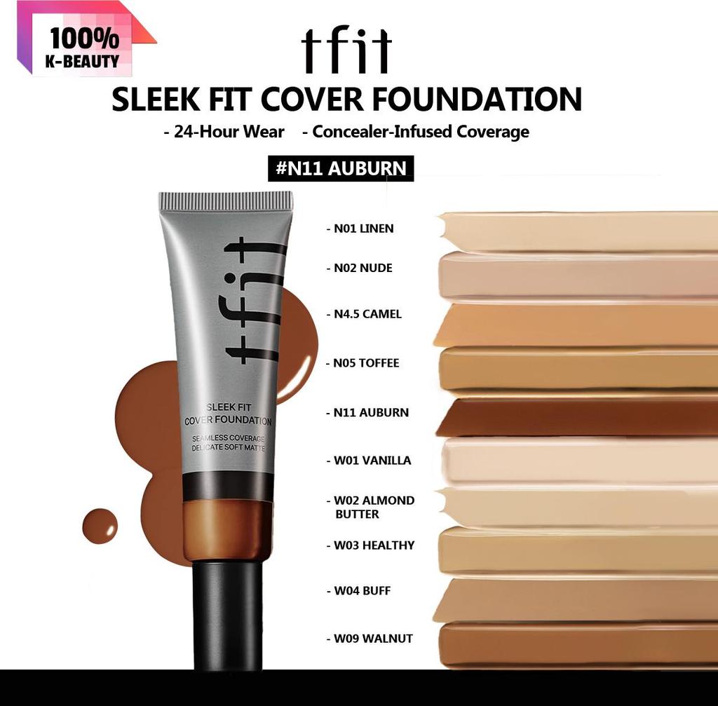 TFIT Тональная основа SLEEK FIT COVER 30 г N01/N02/N4.5/N05/N11, Гладкая матовая текстура, Стойкая база под макияж, Корейская косметика, Корейский макияж