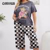 Women's Summer Thin Pajamas Round Collar Short Sleeve Printed Paper Bear Loose Home Wear Short Sleeve Trousers