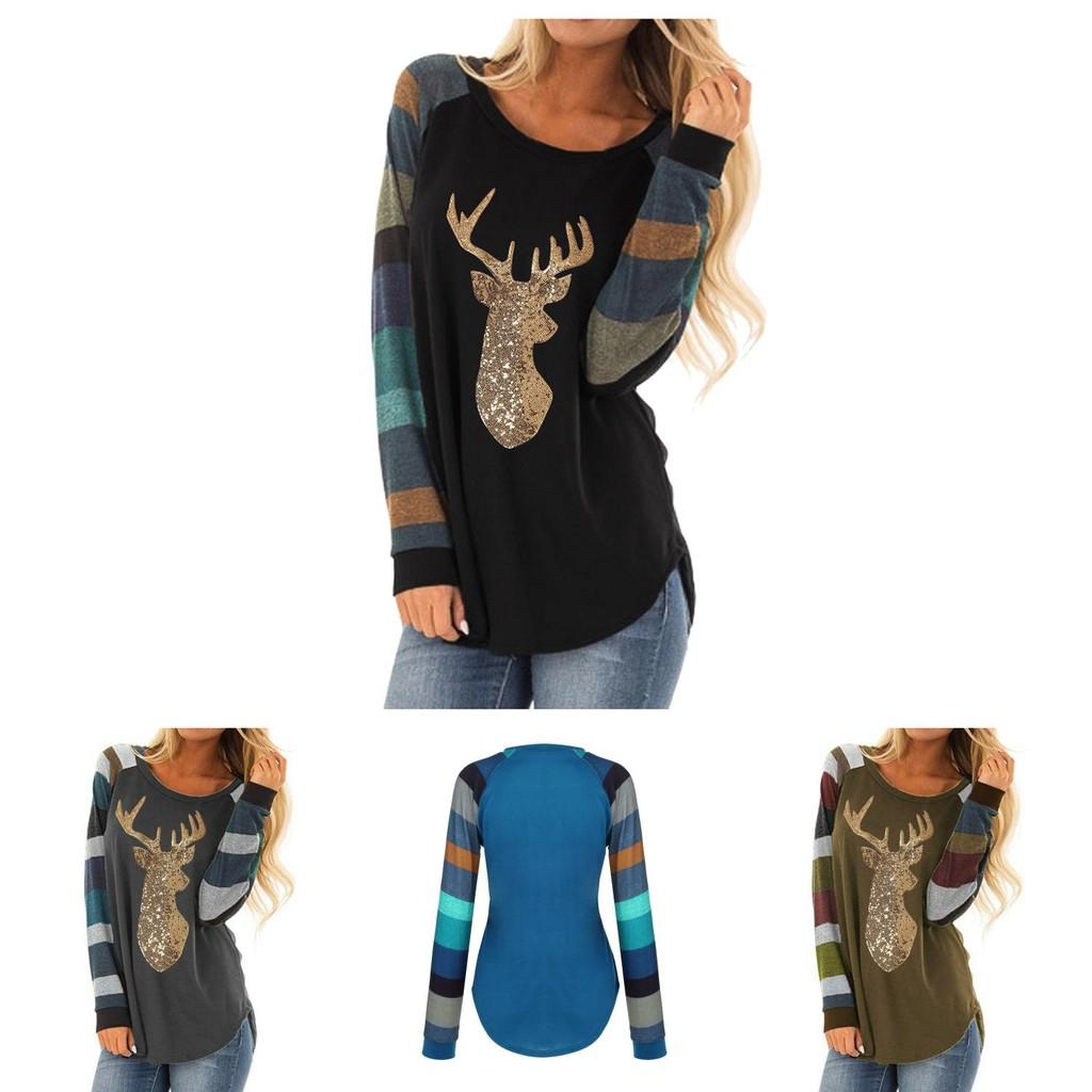 Soft Womens Christmas T-shirt Blouse With Chic Long Sleeves And Reindeer Motif