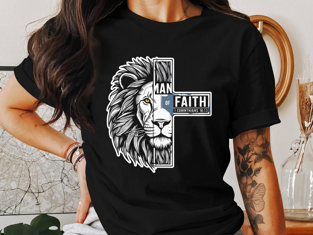Lion Faith T Shirt, Christian Jesus God Tee, Religious 1 Corinthians 16:13 Gift, Man of Faith Bible Verse, Christianity Apparel