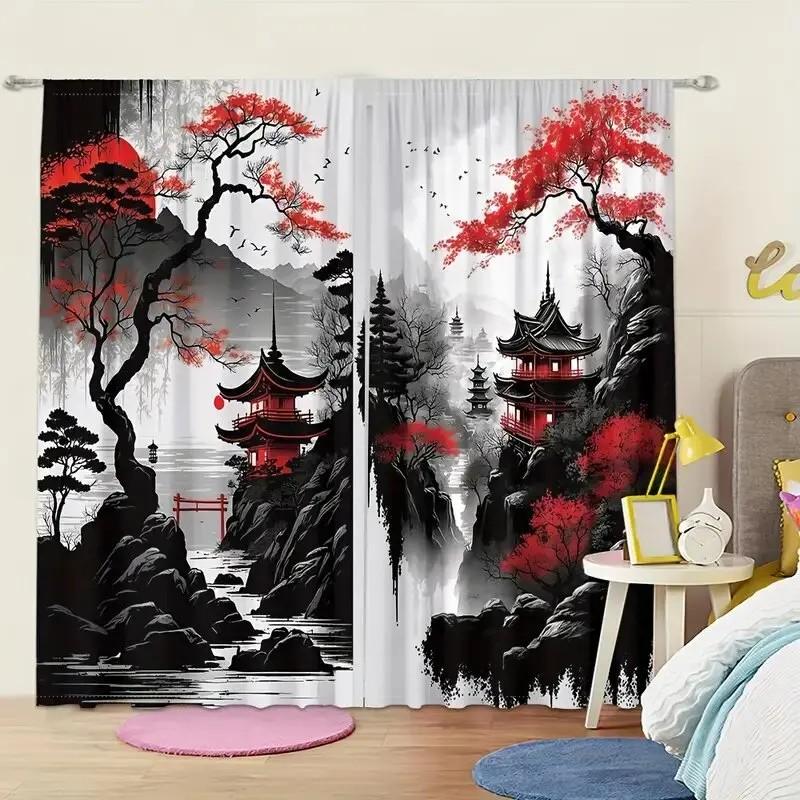 Набор из 2 штор Jit Oriental Red Leaves, термоизолирующие, полиэстер, для декора окна гостиной, спальни, светоблокирующие, обработка