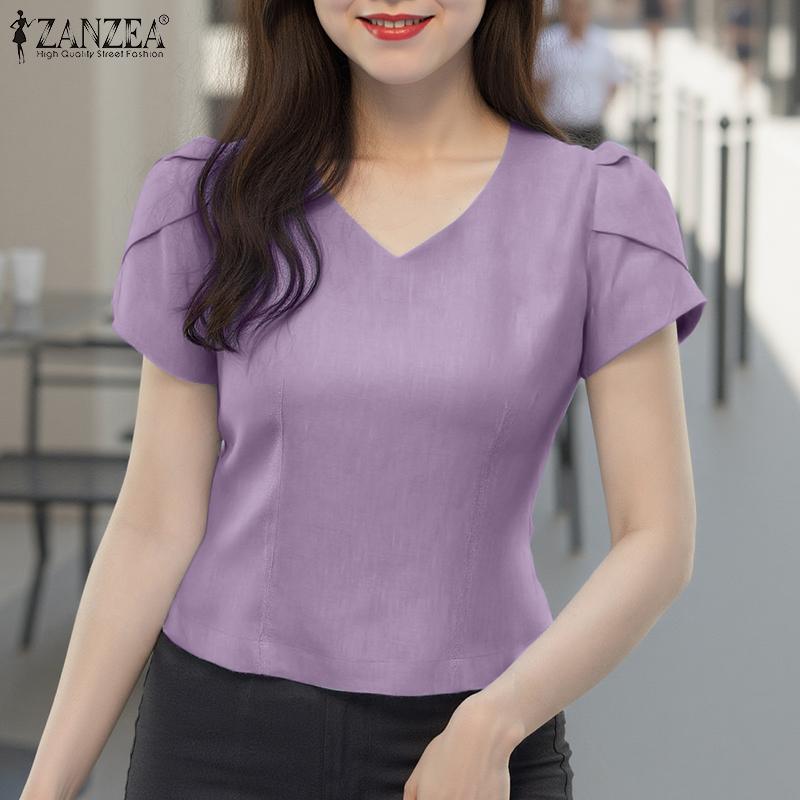 ZANZEA Женская повседневная летняя блузка с коротким рукавом и V-образным вырезом