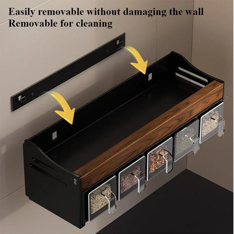 Настенная деревянная кухонная полка, органайзер для бутылочек со специями, многофункциональная, без отверстий для снятия и моющаяся