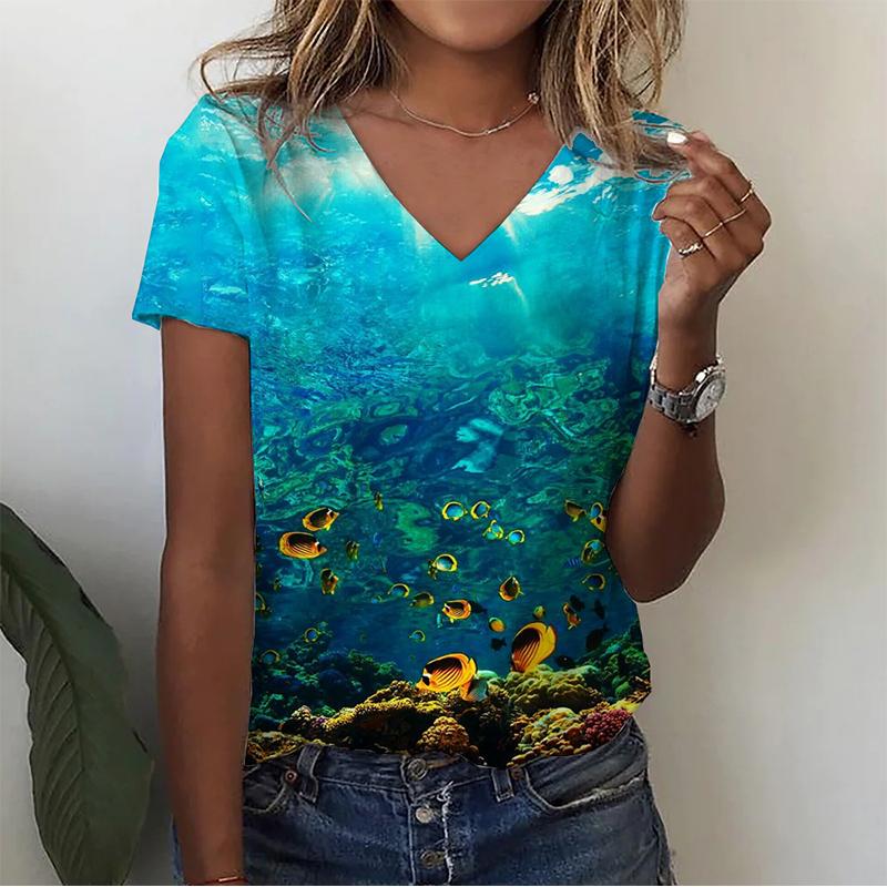 Summer V-neck 3D Infauna Printed Top Fashionable Casual Short Sleeved Women's T-shirts