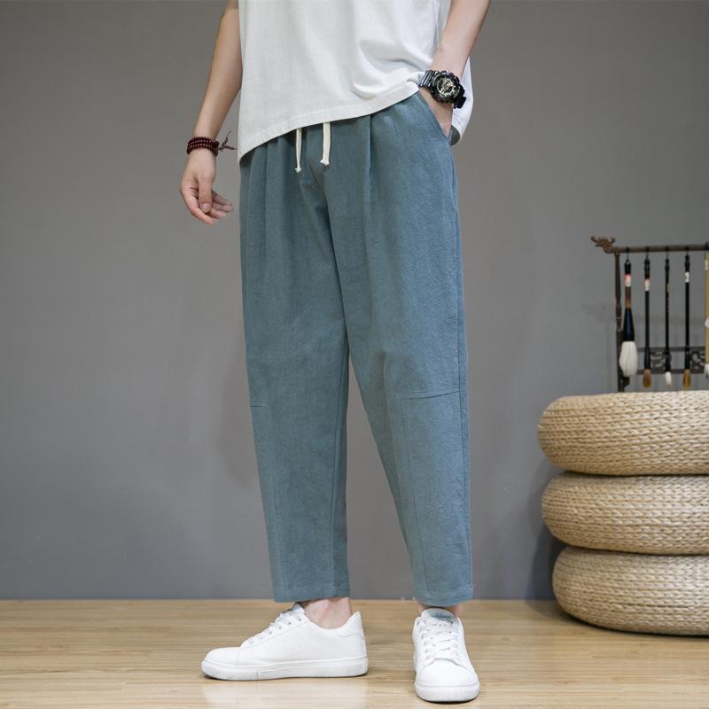 Весенние мужские однотонные свободные брюки из хлопка и льна в китайском стиле с девятью точками, модные повседневные спортивные брюки