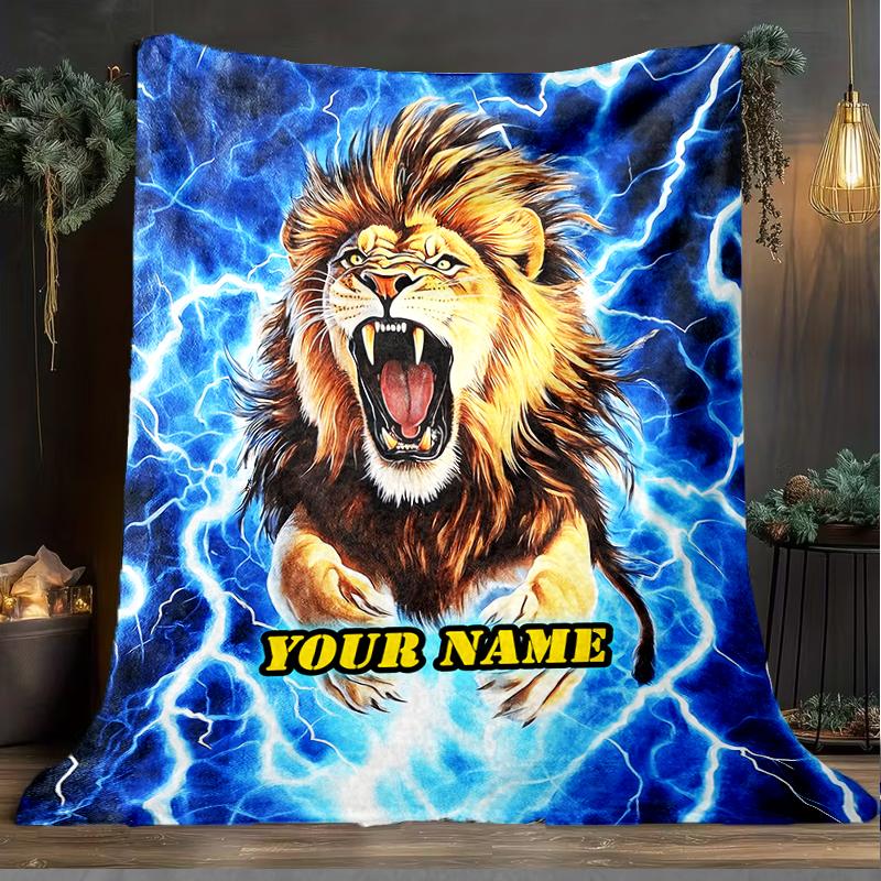 1PC Custom Name Lion Power Energy outdooor Flannel blankets Patterns Throw Blanket All-Season Soft Gift for Couch, Bed, Camping gifts