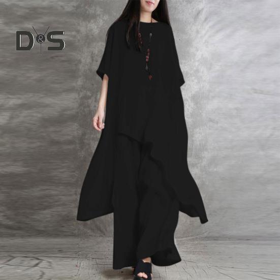 2Pcs/Set Cotton Linen Tops Pants Set O-neck Half Sleeve Irregular Hem Tops High Waist Long Pants Set Solid Color Casual Outfit