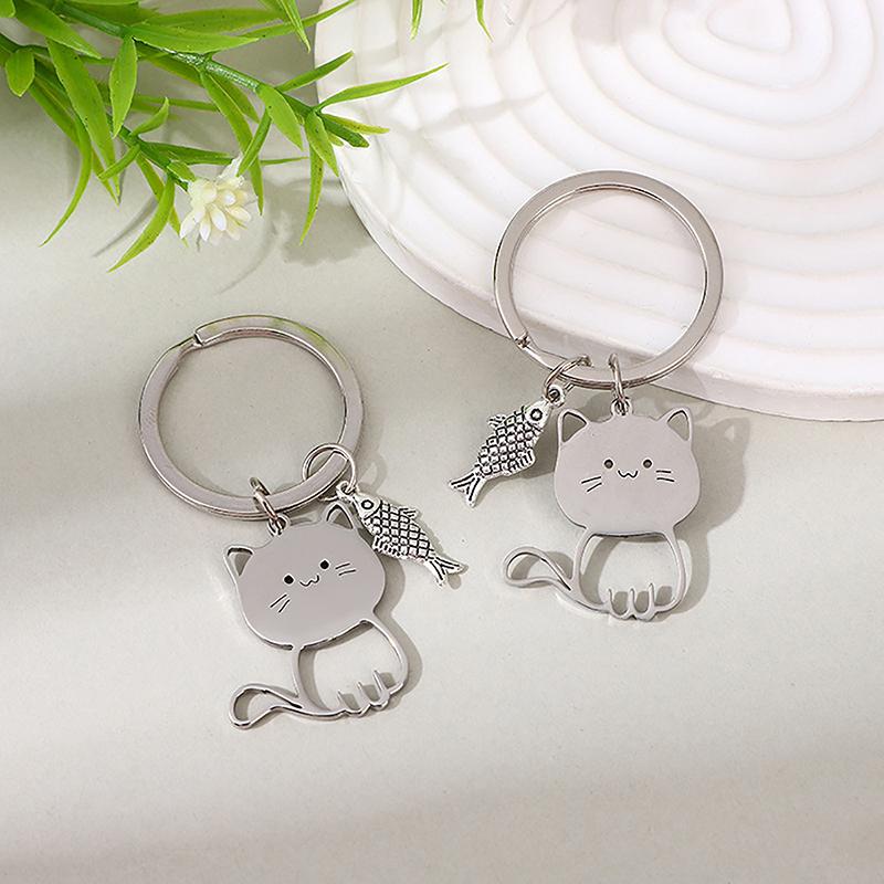 Funny Cartoon Cat Fish Keychain Couple Lovers Stainless Steel Keyring Lovely Pendant Key Chain Valentine'S Day Gift Jewelry