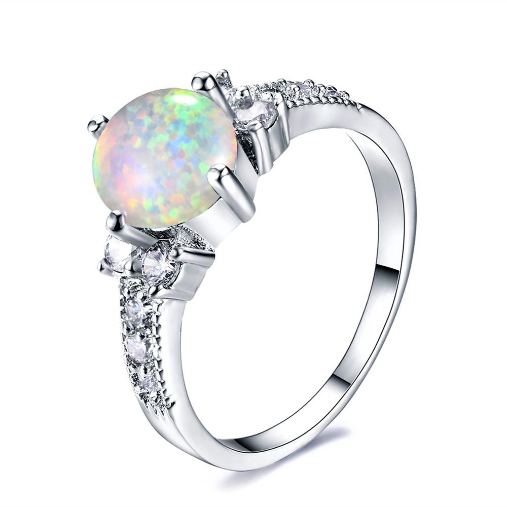 Классические кольца с четырьмя когтями и круглым камнем из белого огненного опала для женщин, винтажное цветное обручальное кольцо, помолвочное обещание, ювелирные изделия, подарки