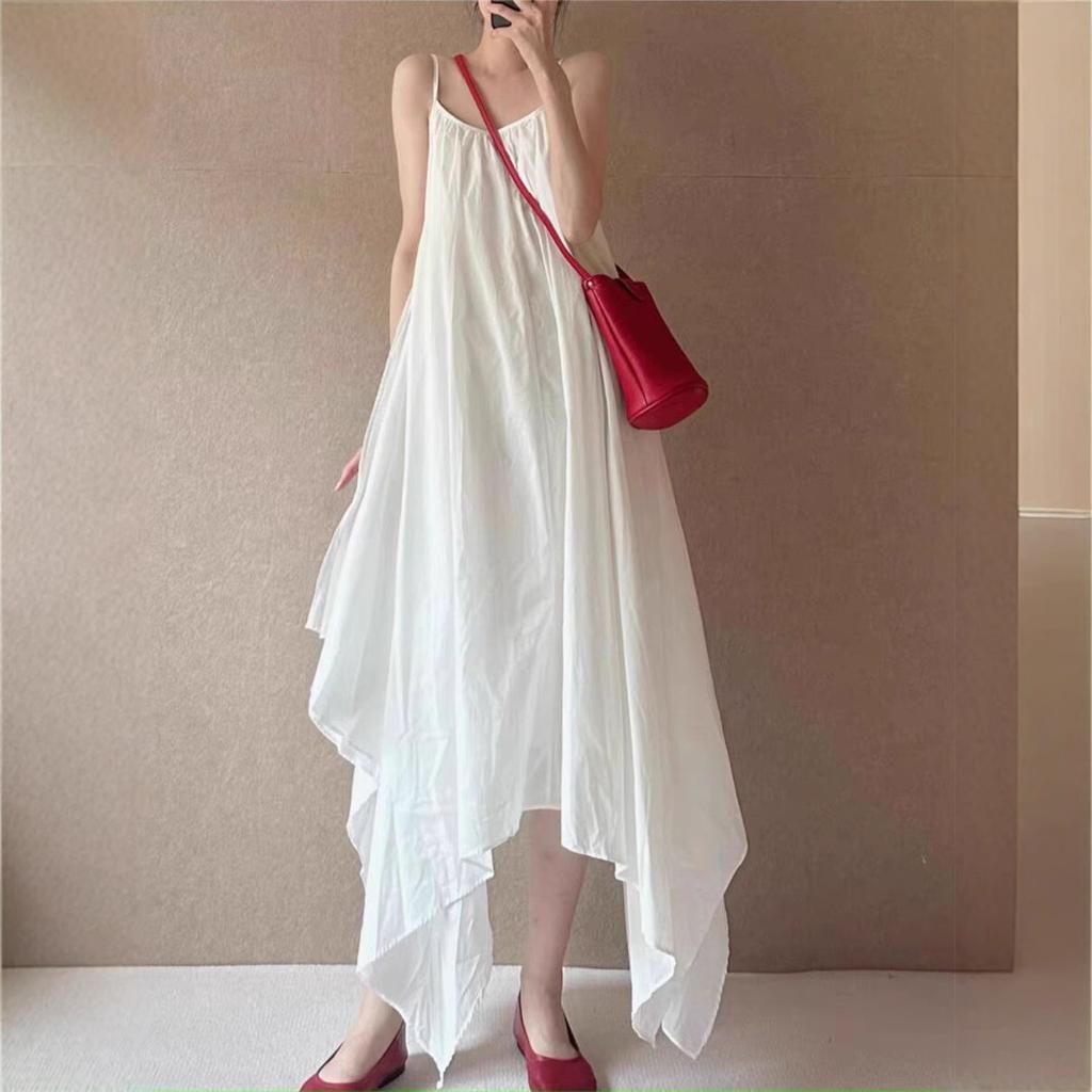 2025 Summer New Minimalist Irregular Hem Suspender Long Dress Women's Loose and Beautiful Solid Color Sleeveless Travel Photography Dress
