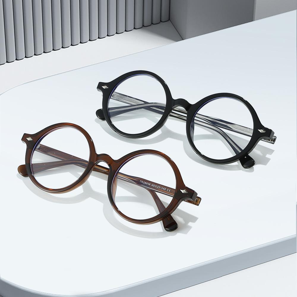 Retro round frame with pin design, plain lenses, TR90 frame, artistic pseudo-no-makeup anti-blue light glasses for women, suitable for outdoor use