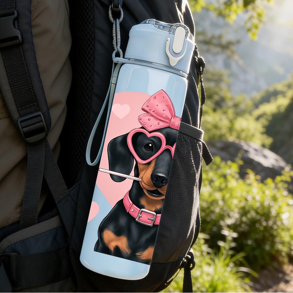 1PC Dachshund Dog Pink Bow Heart Print 750ml Color Plastic Sports Water Bottle Leakproof Flip Straw Lid Suitable for Sports Office Home Use