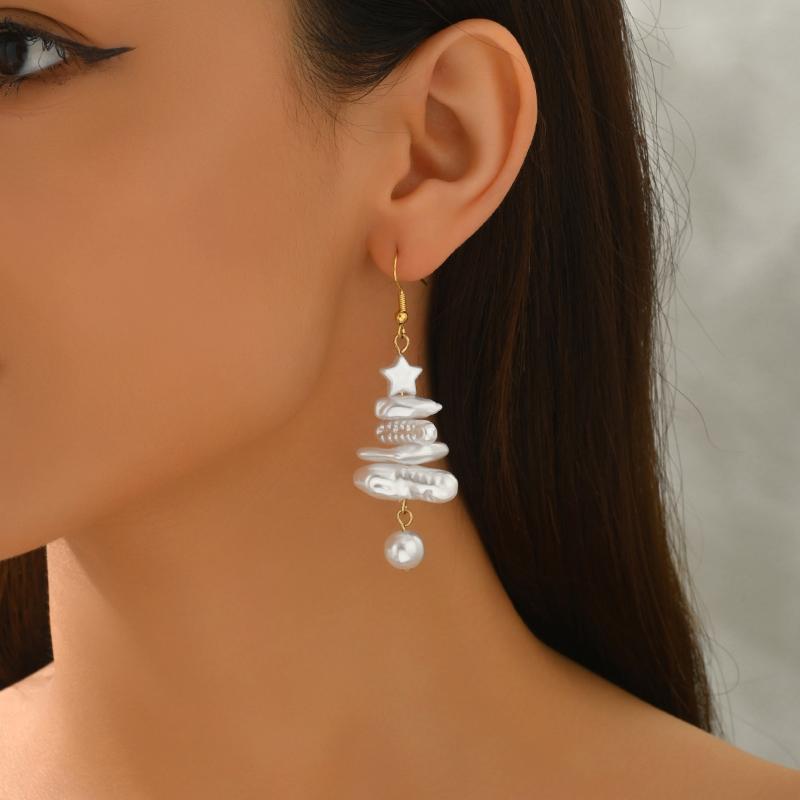 Christmas Baroque Irregular Imitation Pearl Stacked Star Tree Drop Earrings Xmas Tree Earring For Women Holiday Jewelry Gift