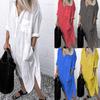 Women Casual Shirt Dress Side Slitting Long Sleeve Pockets Dress Solid Color Baggy Oversized Maxi Dress