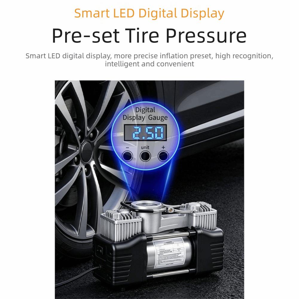 High Power Dual Cylinder Pump Multi-functional Compact Air Compressor Oil Free Pressure Gauge Car Air Pump Auto Inflatable