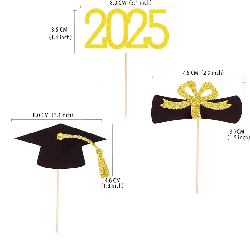 Топперы для кексов на выпускной 2025 года, 24 шт., шпажки для еды/закусок для выпускного вечера, украшения для мини-тортов, диплом, 2025, выпускная шапочка