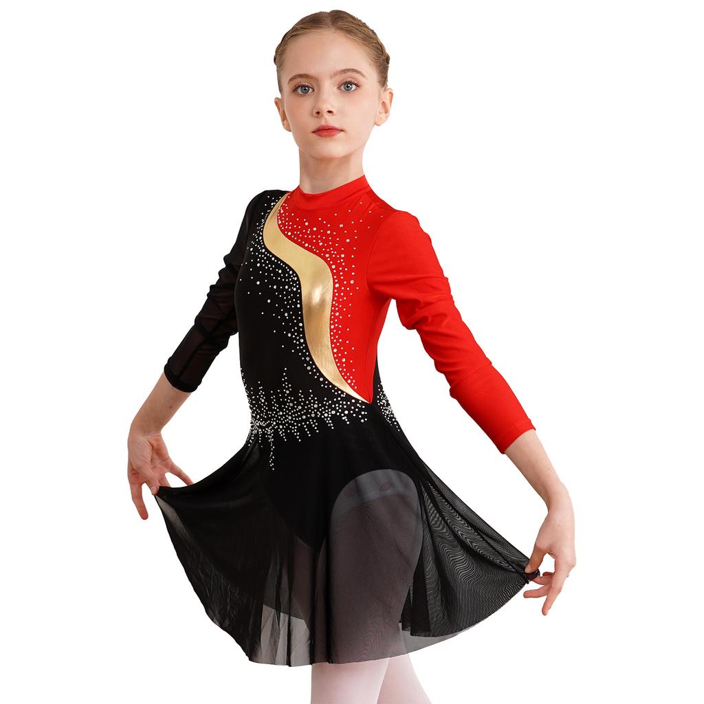 Kids Girls Dance Dress Figure Skating Performance Competition Costume Rhinestones Long Sleeve Dresses