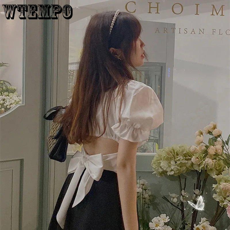 WTEMPO Рубашки с короткими рукавами и бантом, женские летние шикарные повседневные топы, женские однотонные тонкие укороченные топы с квадратным воротником во французском стиле
