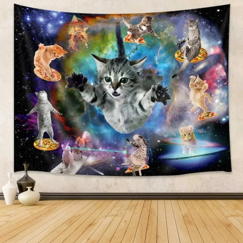 Cute Cat Tapestry Hippie Starry Night Tapestry Fantasy Kitten Playing With Butterfly Nebula Galaxy Artwork Galaxy Space