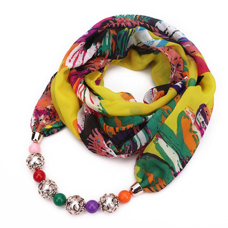 Floral Print Scarf Necklace with Beaded Chain – Elegant Women’s Fashion Jewelry & Versatile Infinity Scarf