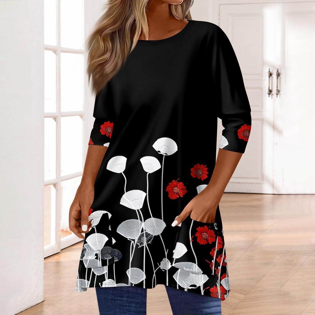 3/4 рукава кармана топы для женщин футболка повседневный принт средней длины топы футболка круглый вырез пуловер блузка