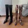 Fashion Knee High Boots Female New Autumn Casual ZIP Women Shoes Thin High Heels Leopard Animal Print Leather Motorcycle Boots