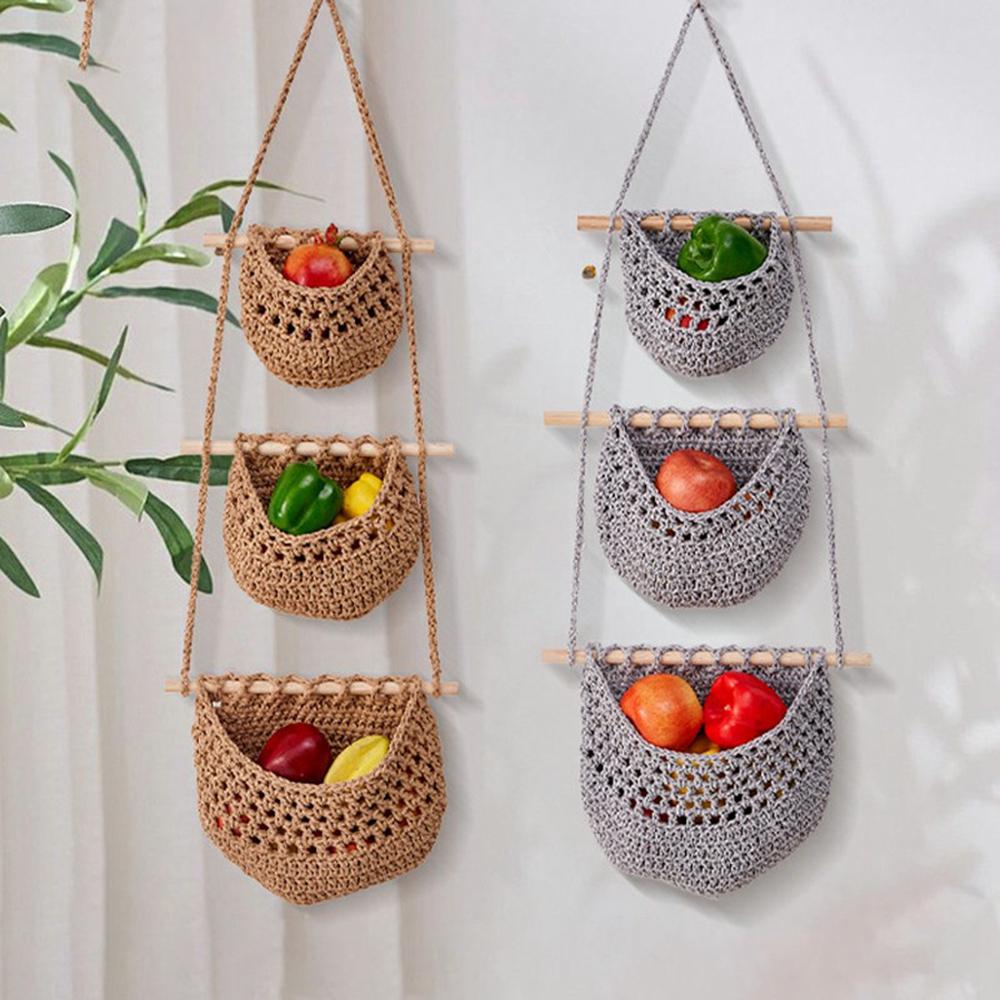 Bohemian 3 Tier Cotton Linen Storage Baskets Wall Hanging Sundries Organizer