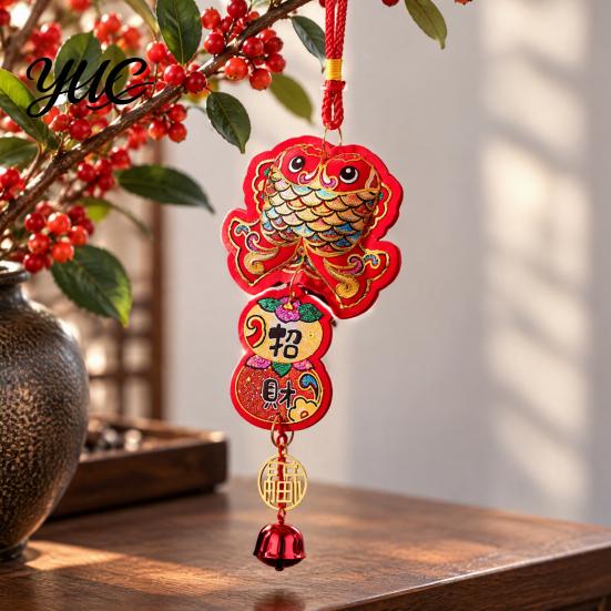 Festive Chandelier for Fireplace Chinese New Year Decoration, Red Fu Character Hanging Pendant with Embroidered Bells Spring Festival Bell Festival,