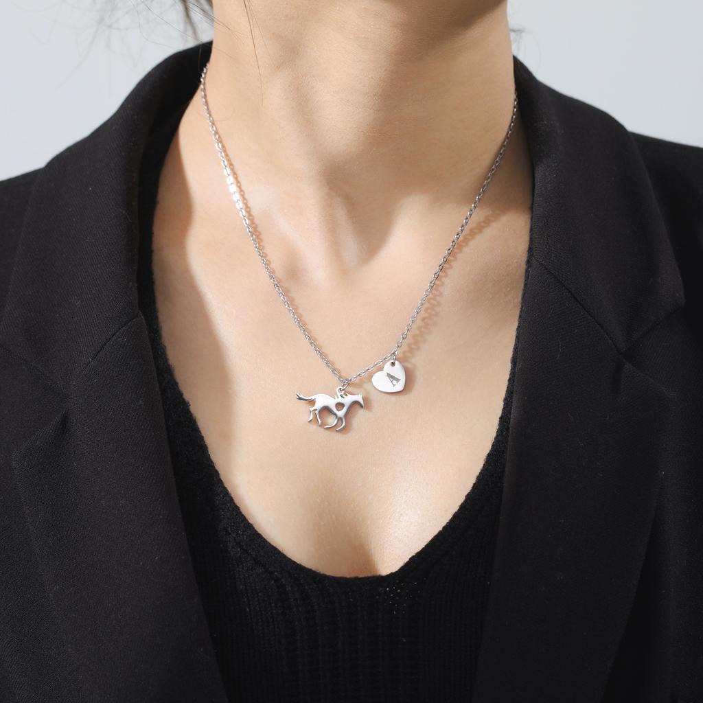 Stainless steel A-Z letter necklace animal horse initials heart-shaped pendant necklace party jewelry