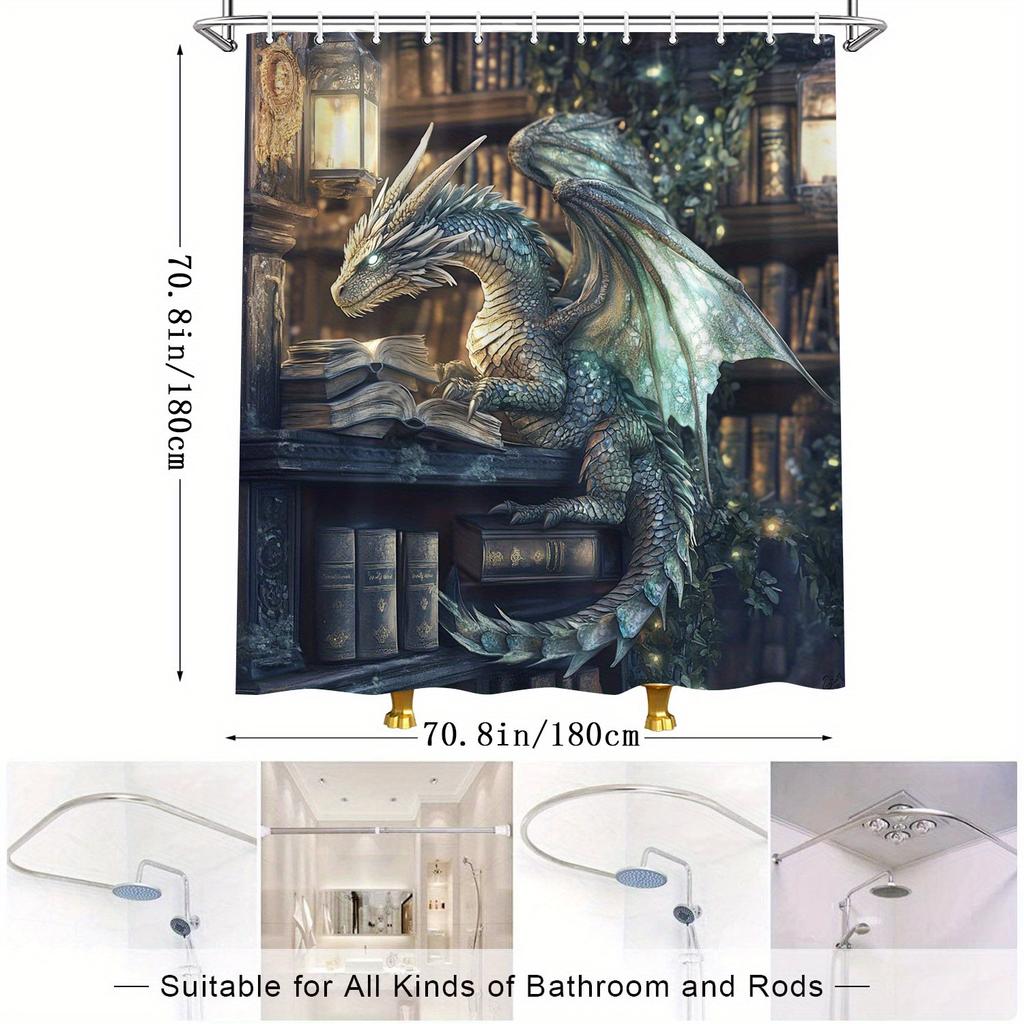 Mystical Dragon Shower Curtain - Blue-Green Scales, Translucent Wings, Illuminated Bookshelf, Warm Ambiance, Water-Resistant