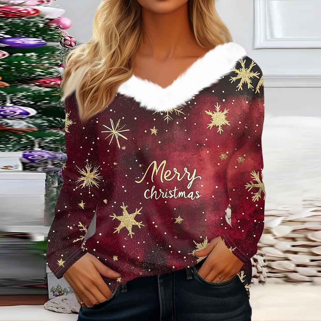 Женская мода с длинным рукавом, рождественский принт, плюшевый ворот, V-образный вырез, пуловер, топ