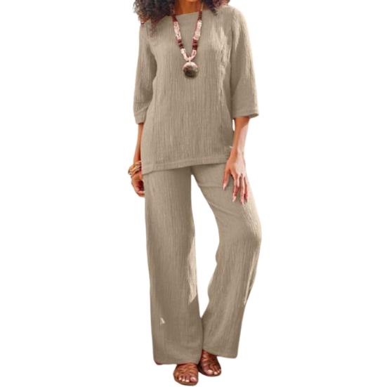 2 Pcs/Set Women Top Pants Set O Neck Three Quarter Sleeves Loose Retro Elastic