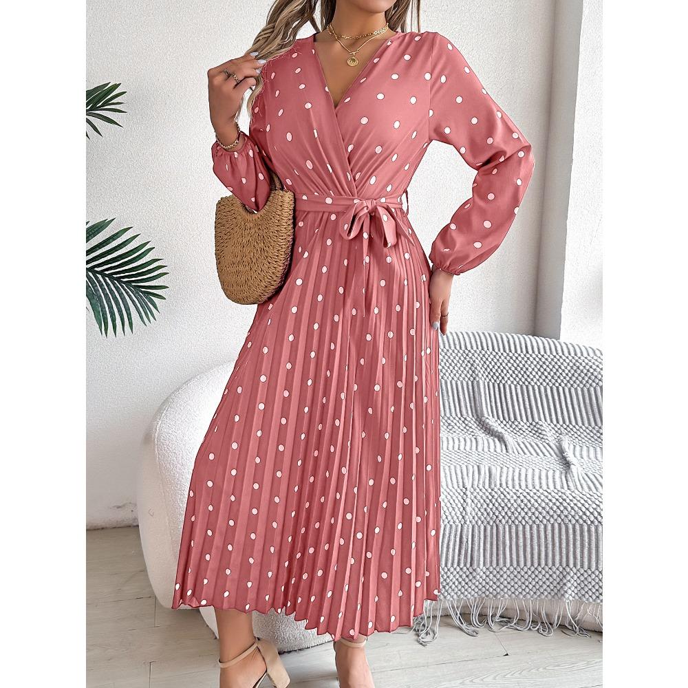 Элегантные платья для женщин с контрастным цветом, в горошек, с перекрестным V-образным вырезом, плиссированные, длинные, модные
