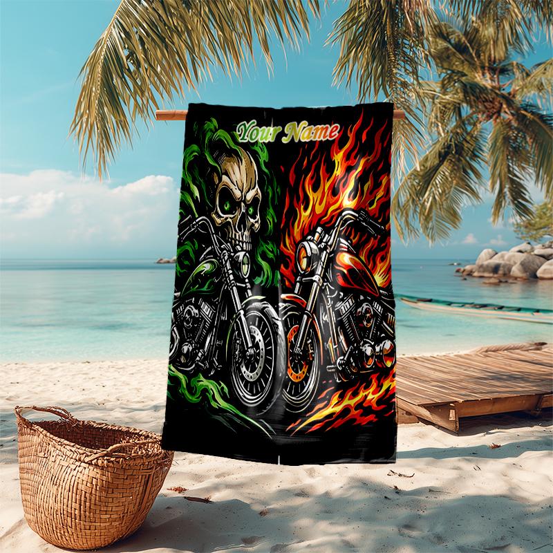 1PC Custom Name Skull Flames Motorcycle Art Beach Towel Highly Absorbent And Sand-Resistant Towel for Swimming, Pool, Yoga, And Travel Lightweight