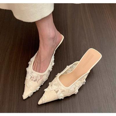 Мода Летняя Женская Мода Босоножки Мюли на Высоком Каблуке Элегантные с Закрытым Носком Платье Кружевные Слайды Женские Туфли для Танцев Вечеринки Выпускного