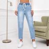 Women's Mid-Rise Elastic Waist Drawstring Ripped Jeans