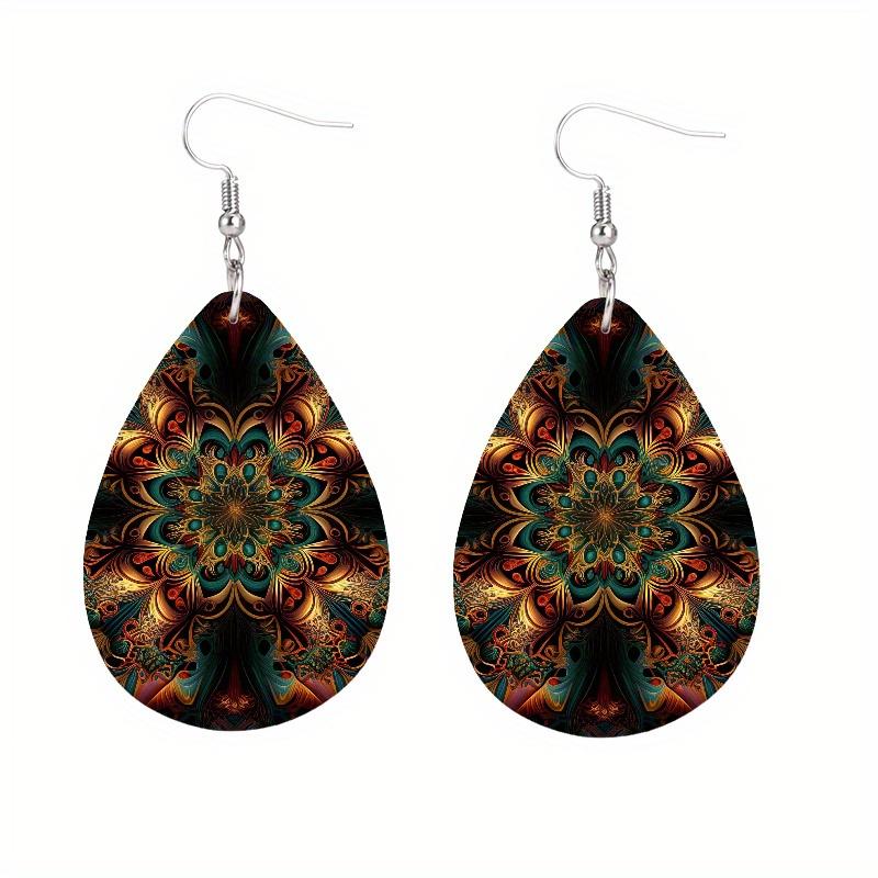 Bohemian Style Colorful Kaleidoscope Mandala Pattern Tears Earrings Lightweight Fashion Waterdrop Shape PU Leather Earrings