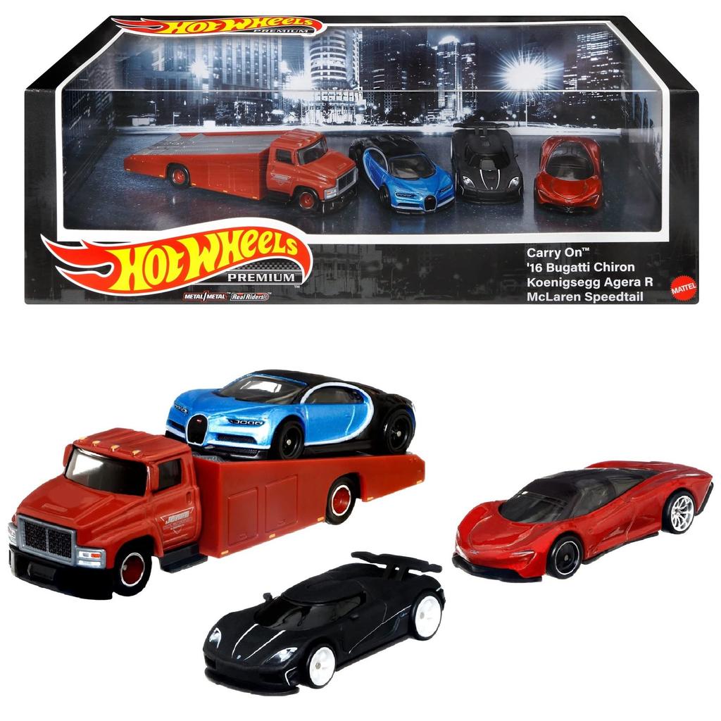Hot Wheels Premium HCR54 Collector Set, 3 Supercars and Carry-On Transporter, Ages 3+