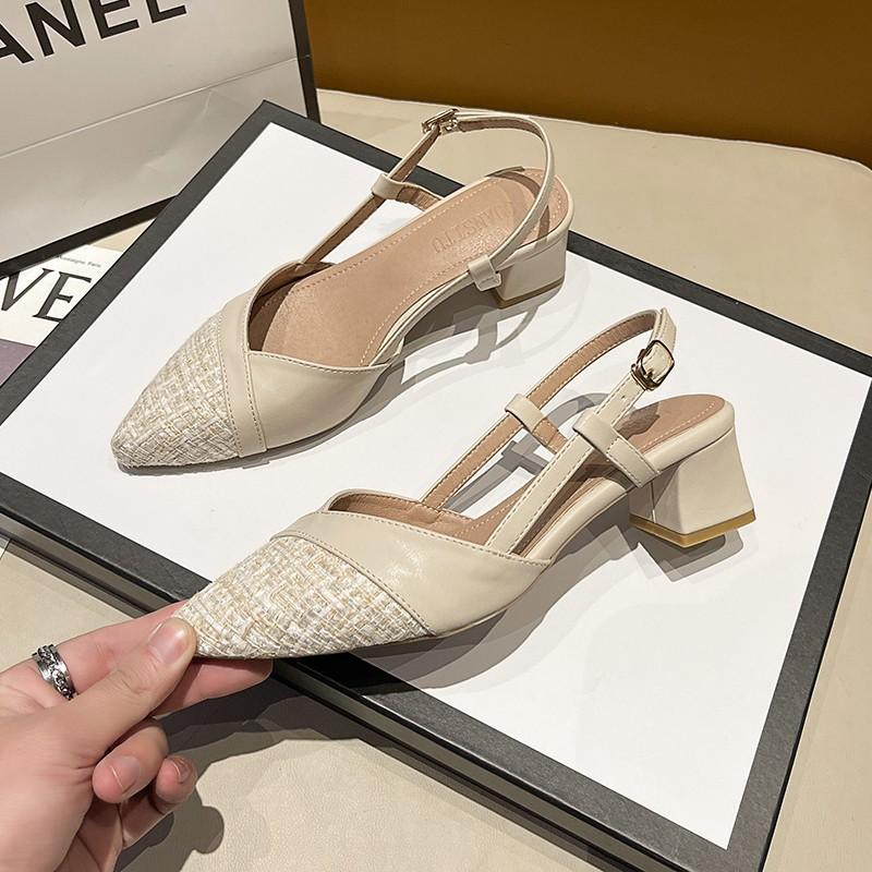 Xiaoxiangfeng Bag Head Thick Heel Single Shoes Female Pointed Head Spring 2025 New Rear Empty High Heels Fairy Versatile Sandals