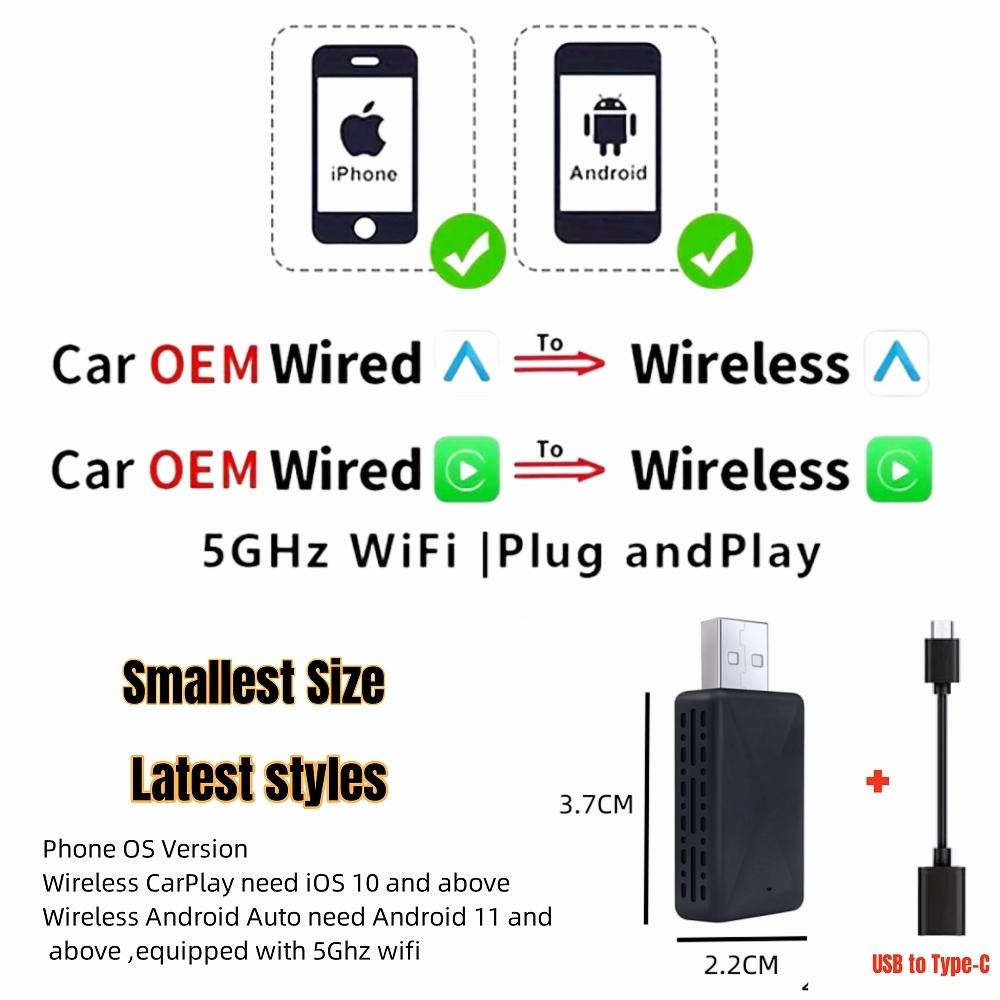 Проводной беспроводной Carplay и Android Auto AI Box 2 в 1 Мини-адаптер Plug And Play Dongle Быстрое подключение Совместимо с 99% автомобилей