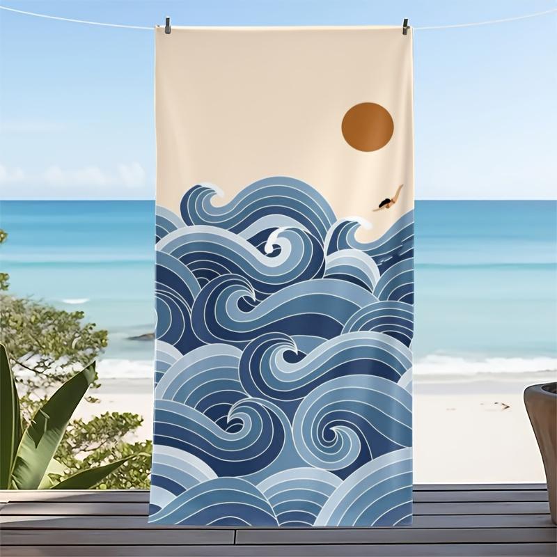 Trending Coastal Striped Print Towel Soft Large Wrap for Men Women Beach Holiday Blue & White Wave Stripe Beach Towel