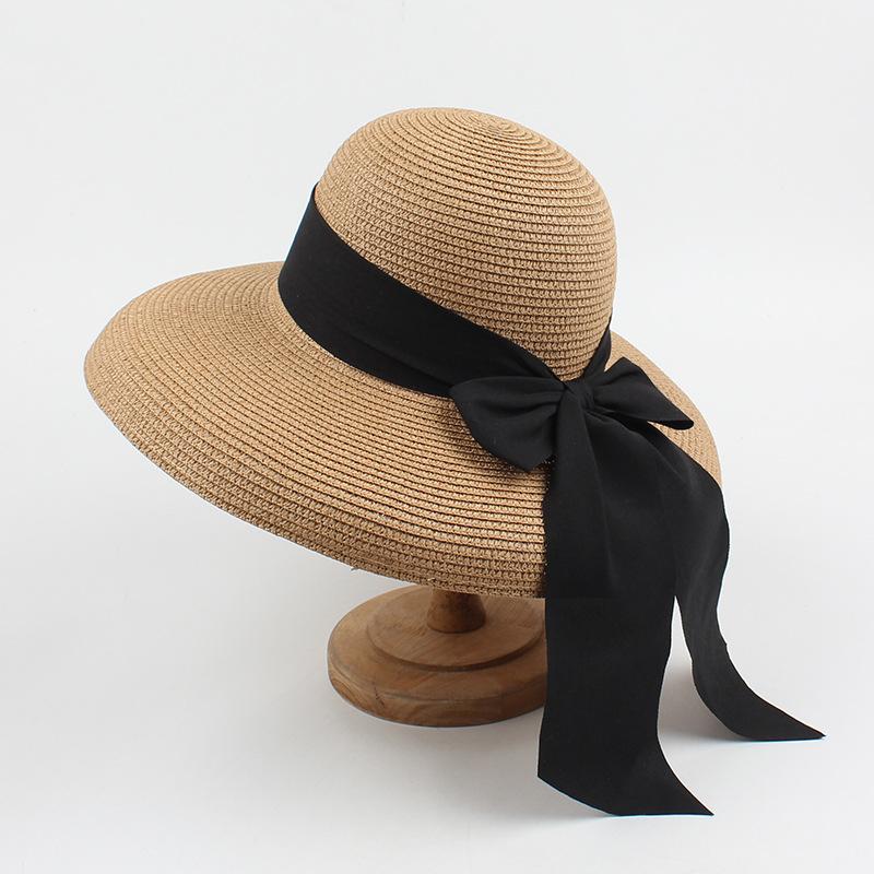 Straw hat women's summer retro fashion bow sunscreen visor seaside vacation foldable big eaves hat