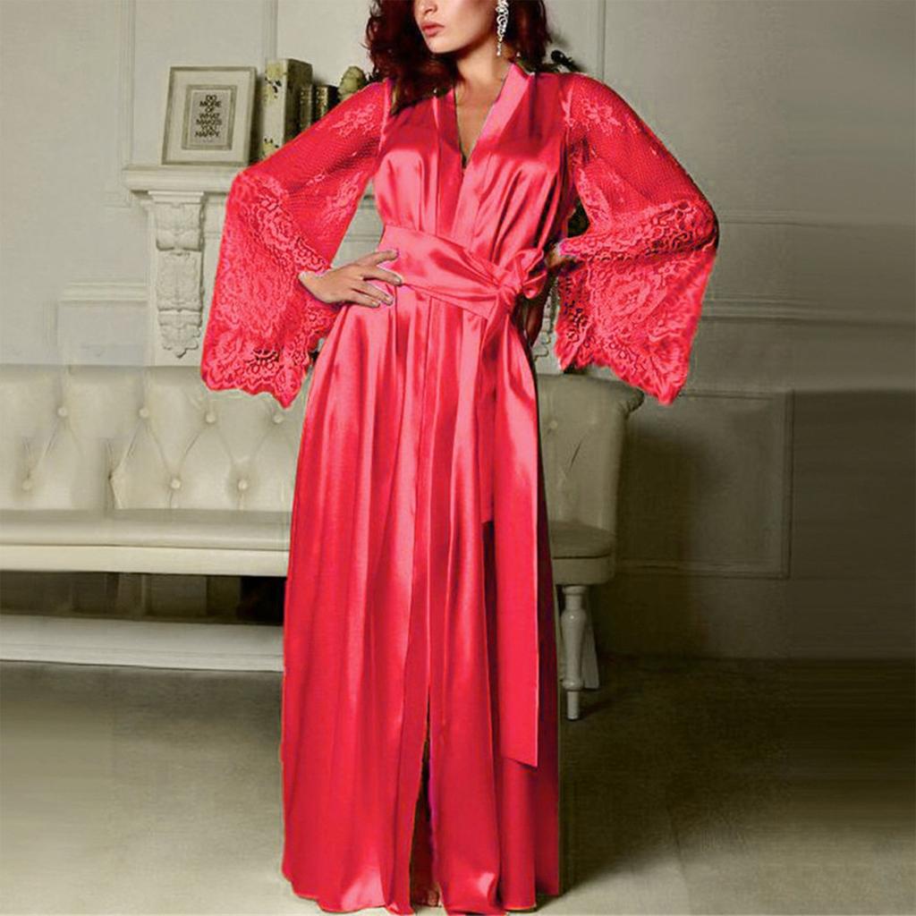 Women Satin Long Nightdress Silk Lace Lingerie Nightgown Sleepwear Sexy Robe