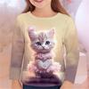 Children's Cute Cat 3D Digital Print Girl Casual and Comfortable Round Neck Long Sleeved T-shirt