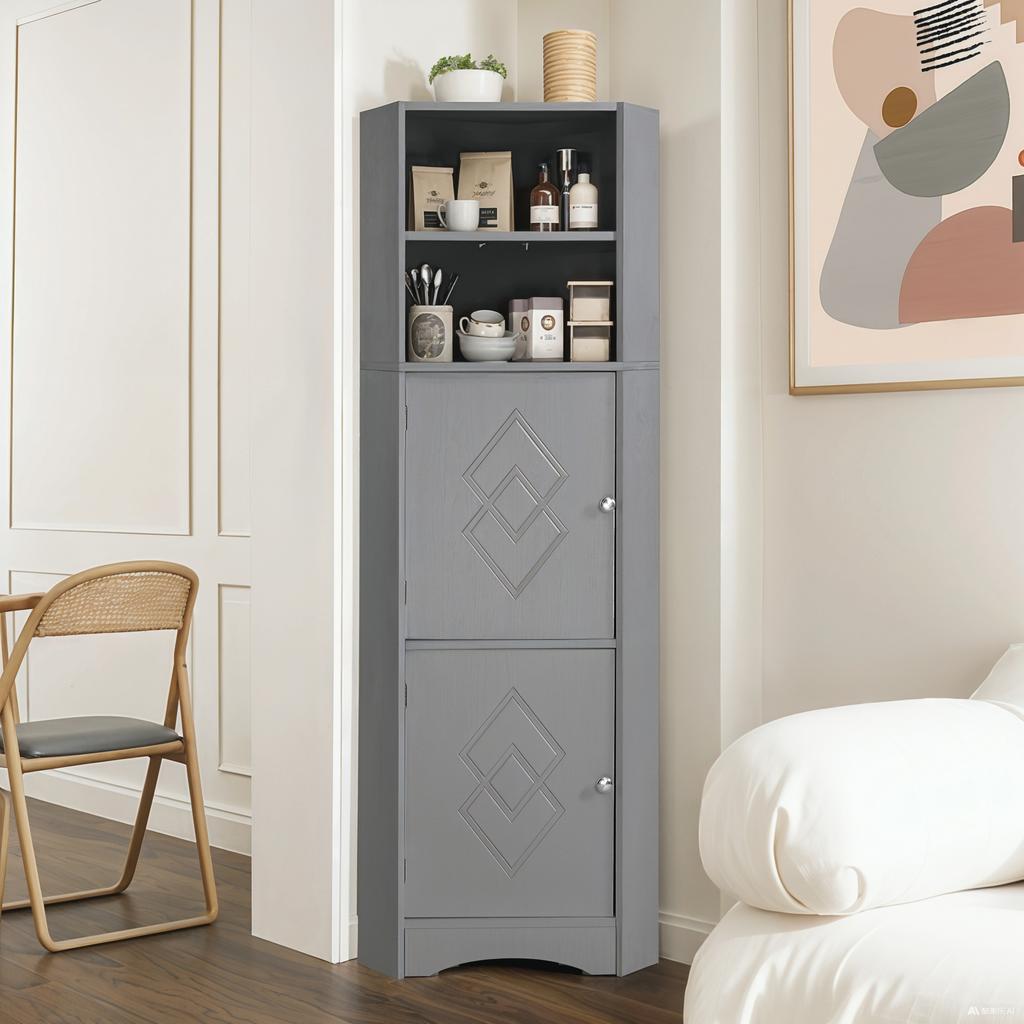 Bathroom Cabinet, Corner Cabinet with Two Storage Compartments, Open Compartment with Adjustable Shelf, 36.5x 36.5 x 155 cm, Light Grey