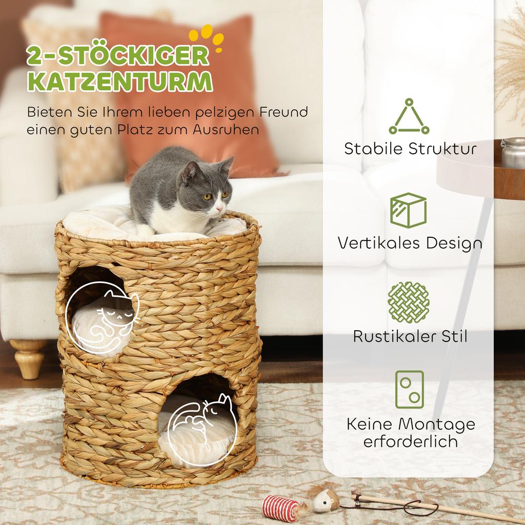 Scratching Barrel, 50 cm, 2 Caves, Cushion, Scratching Post with Cat Bed, Cat Tower made of Water Hyacinth, Light Brown