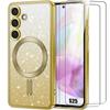 Case + 2 Tempered Glasses for Samsung Galaxy S25, Silicone with Magnetic Circle Camera Protection - Glittering Gold